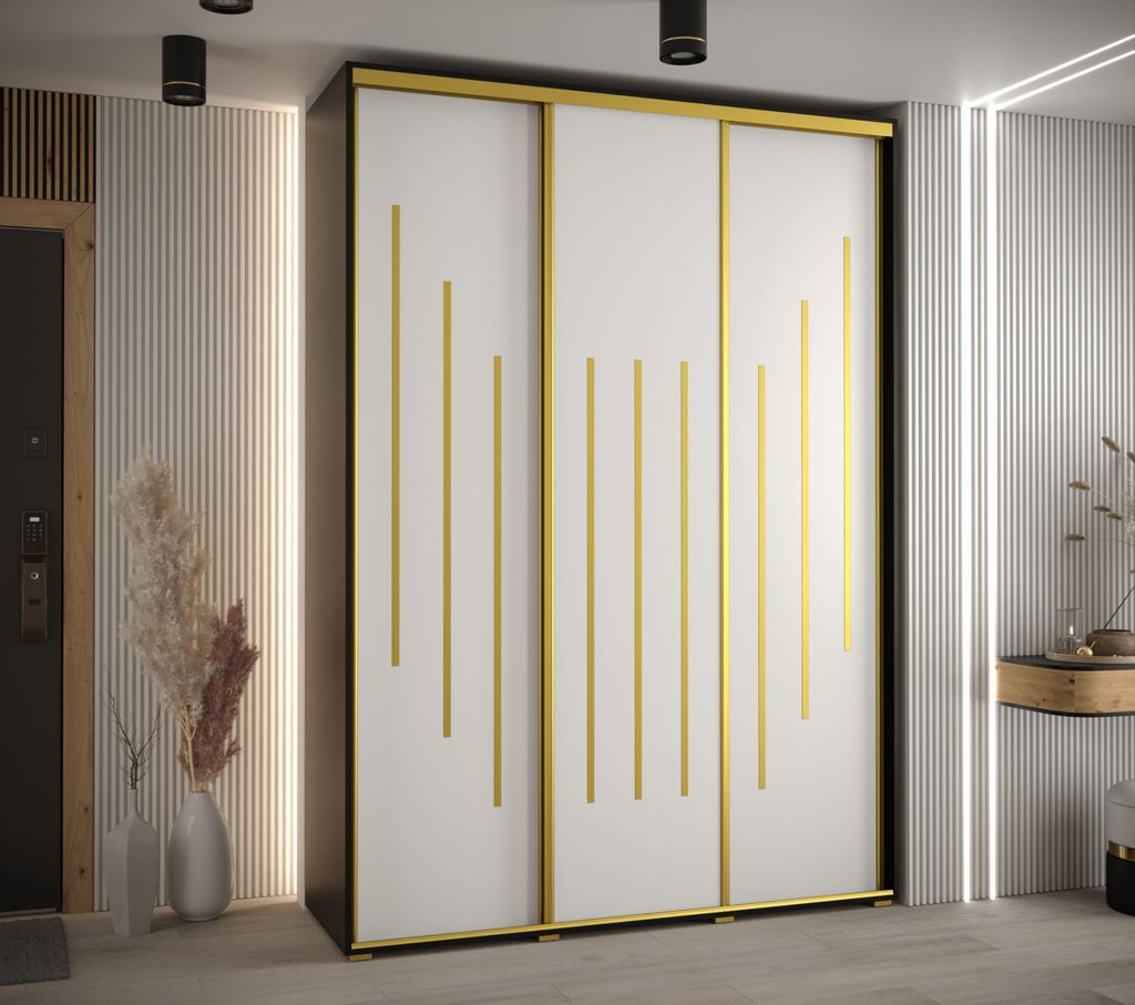 Kleiderschrank YVONA 8 – 170/45 cm, schwarz/weiß/gold