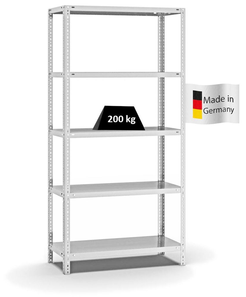 PROREGAL Fachbodenregal Schraubsystem MAGNUS Germany | HxBxT 200x100x40cm | 5 Ebenen | Fachlast 200 kg | Beidseitig nutzbar | Lichtgrau