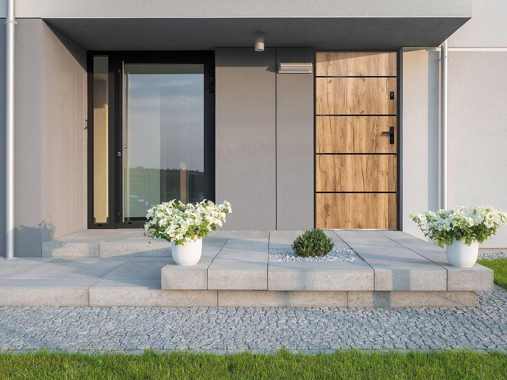 Eingangstür aus massivem Stahl und Edelstahl H207 x L100 cm Eiche-Effekt - Druck links- NAXARA