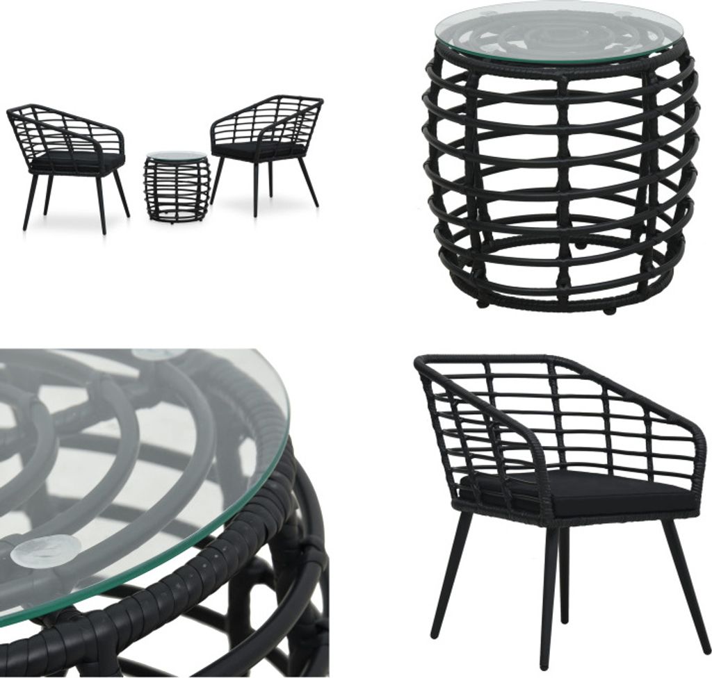 vidaXL 3 tlg. Bistro Set Poly Rattan Schwarz - Bistro-Set - Bistro-Sets - Gartenmöbel-Set - Gartenmöbel-Sets