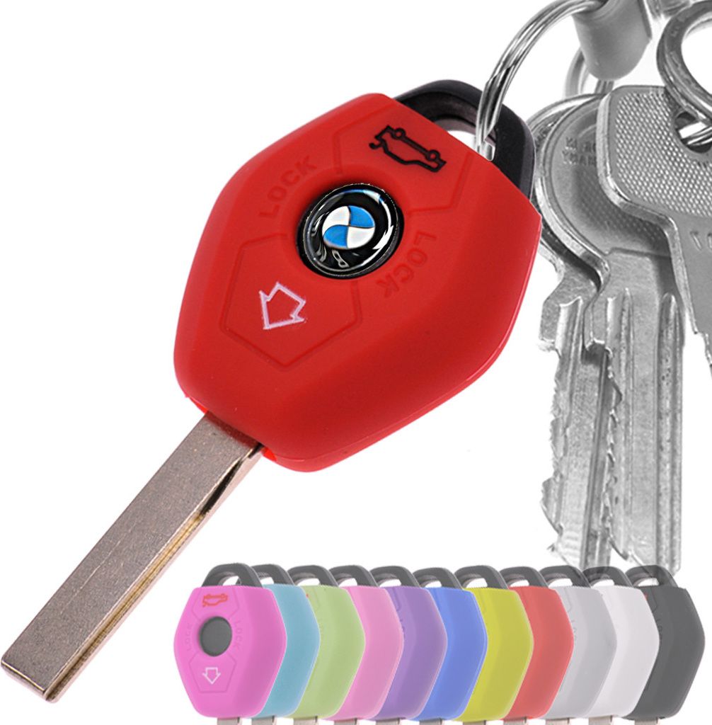 Auto Schlüssel Hülle Silikon Schutz Cover Rot kompatibel mit BMW E46 E83 E52 E85 E86 E39 E61 E60 E53 3 Tasten Funk Fernbedienung