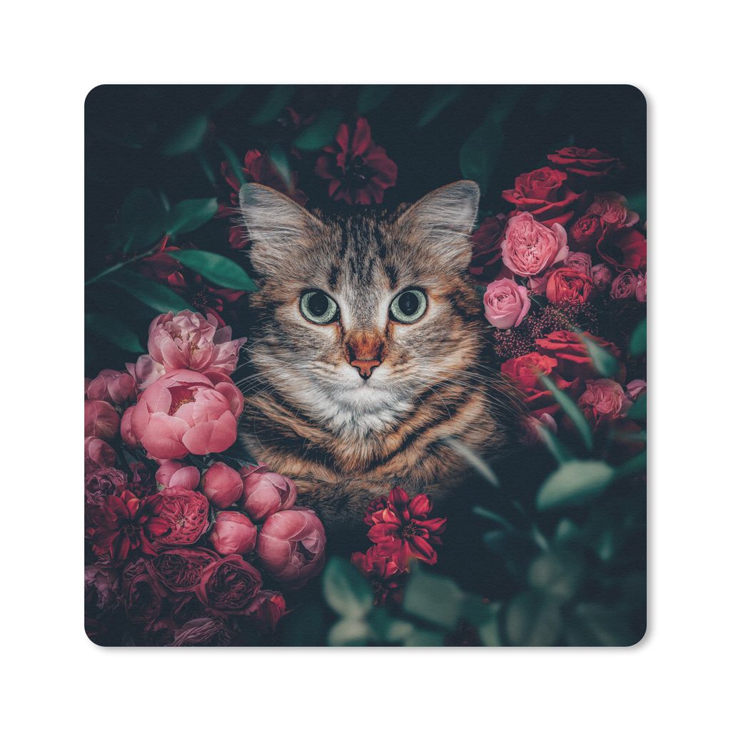 MuchoWow Mauspad Mousepad Katze - Blumen - Tiere - Botanisch 30x30 cm - Mousepads - Maus Mat - Pad - Mausunterlage - Gaming