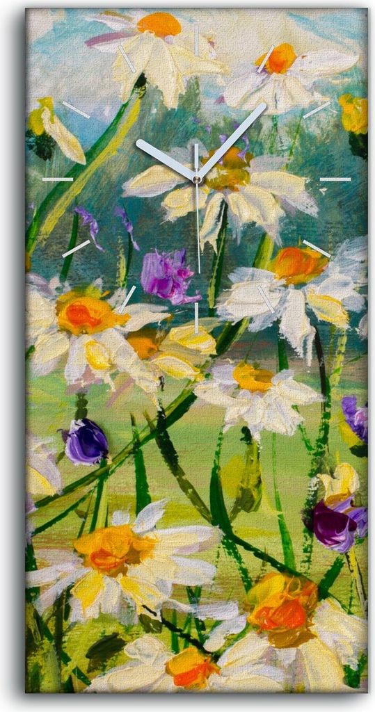 Wandbild Leinwand Bilder mit Uhr 30x60 Malerei Abstrakte Blumen Wiese Natur - weiße Hände