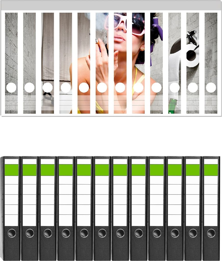 Wallario 12 Stück schmale Ordner inkl. Klebeetiketten mit Motive Kloparty - Sexy Frau auf Toilette Zigarette & Schnapsflasche - farbig - Set mit ...