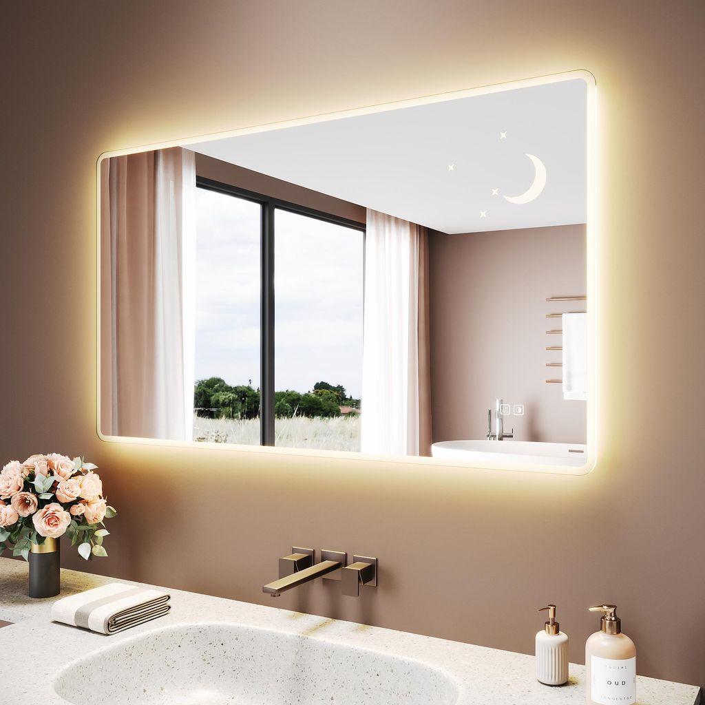 SONNI Weißer quadratischer Badezimmerspiegel 140 x 80 x 3,5 cm Drei Farbtemperaturen Anti-Beschlag Mit Steckdose