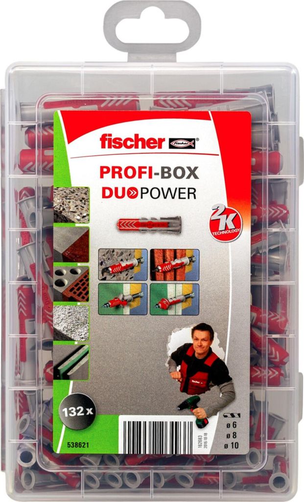 A clear plastic box containing Fischer brand wall plugs (dübel) and accessories, with marketing graphics on the front.