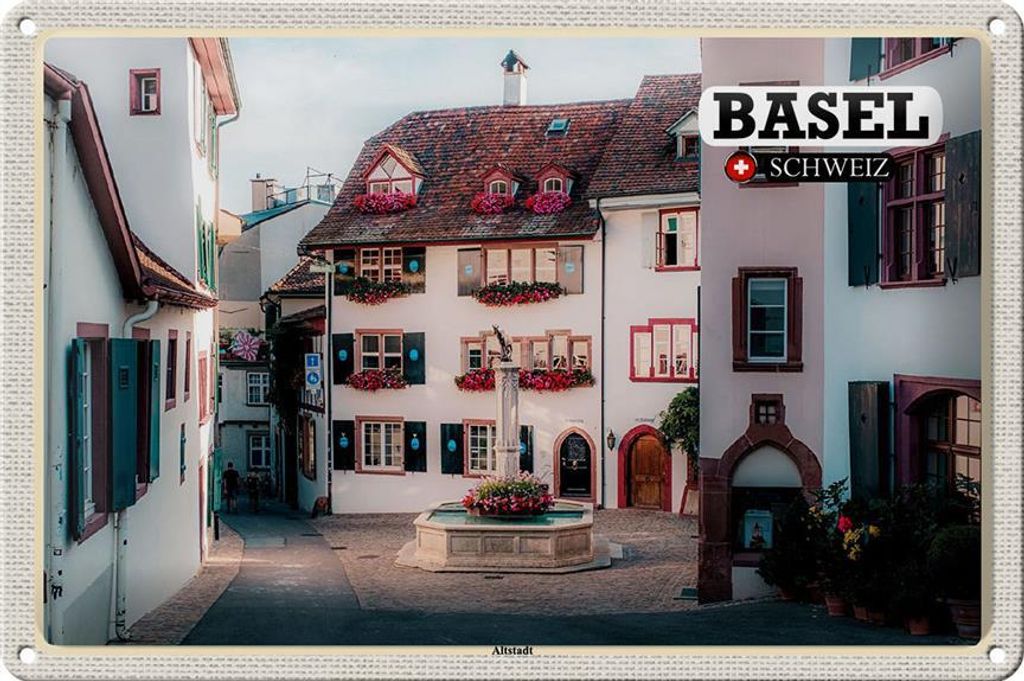 Blechschild Reise Basel Schweiz Altstadt 30x20cm