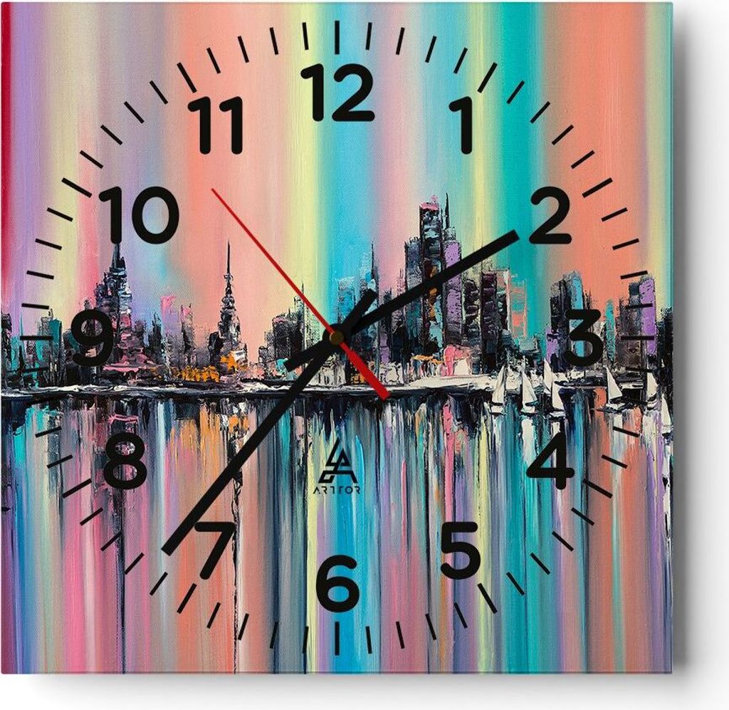 Wanduhr - Quadrat - Glasuhr - Stadt Aussicht Wasser - 30x30cm - Schleichendes Uhrwerk - Lautlos - zum Aufhängen bereit - Dekoration Modern - Wandd...