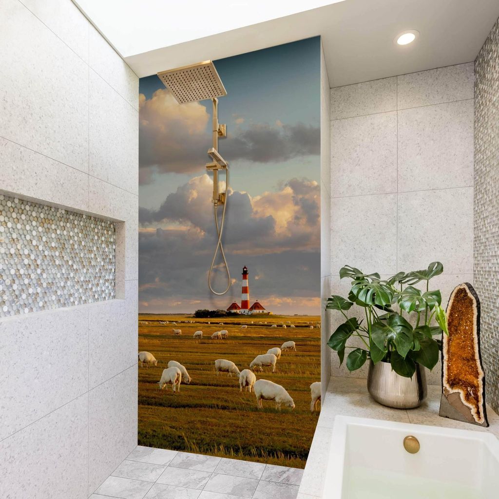 Duschrückwand Strand selbstklebend - 0.61 mm Wandpaneel wasserfest Leuchtturm grün Motiv Badrückwand fugenlos Premium matt 110x210 cm