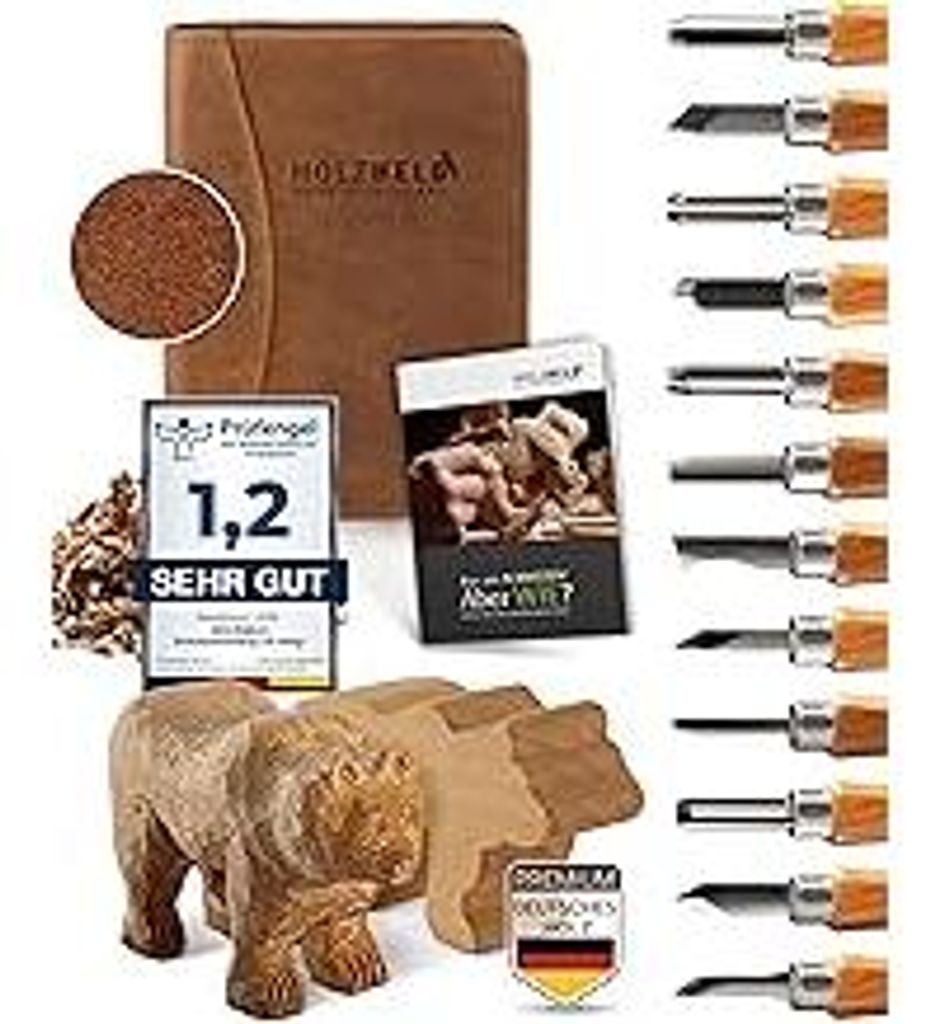 Schnitzwerkzeug und Schnitzrohling (17-teilig) in sehr edler Ledertasche. Inkl. Anleitung zum Schnitzen & gr. Holzrohling aus Lindenholz.