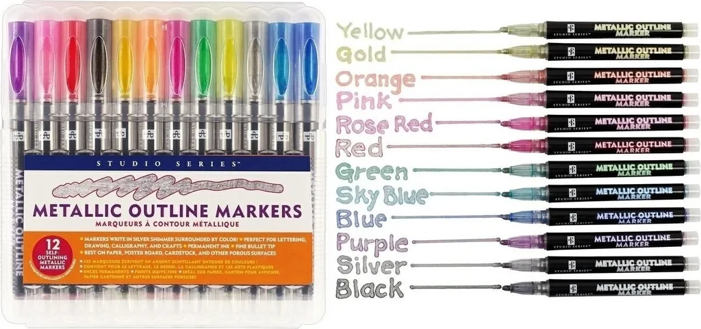 Marqueurs à encre scintillante et contours colorés, pack de 12 feutres