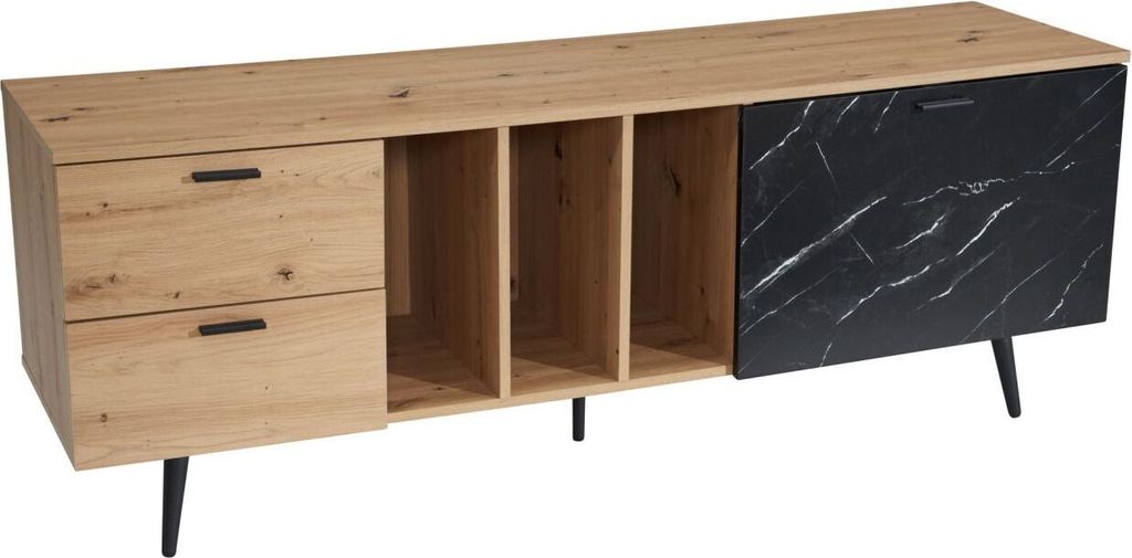 Lowboard Eiche-Nachbildung mit Marmor-Look in Schwarz 150x55x40 cm TV-Kommode, Design TV-Schrank Hoch Modern, Fernsehtisch Fernsehschrank mit Tür ...
