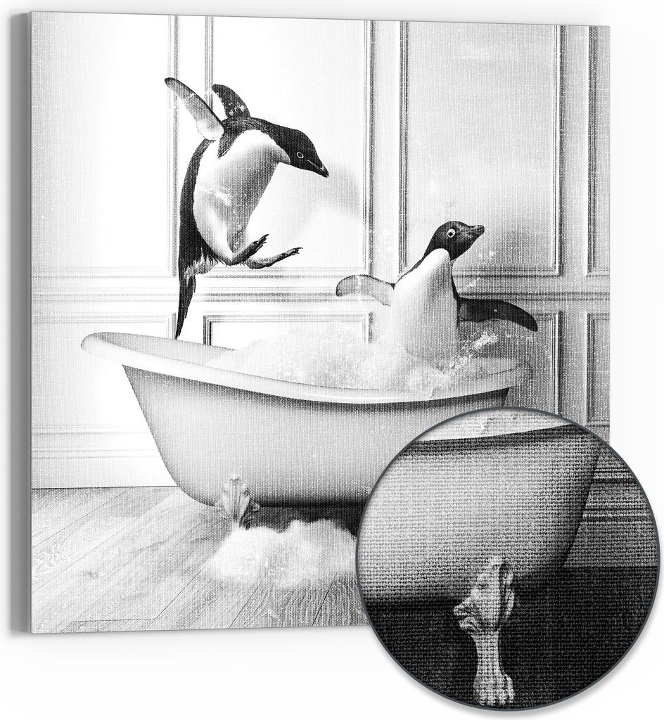 DEQOART Hybrid Leinwand Bild 30x30 cm 'Pinguin-Plantschen' Wandbild Glas flach modern