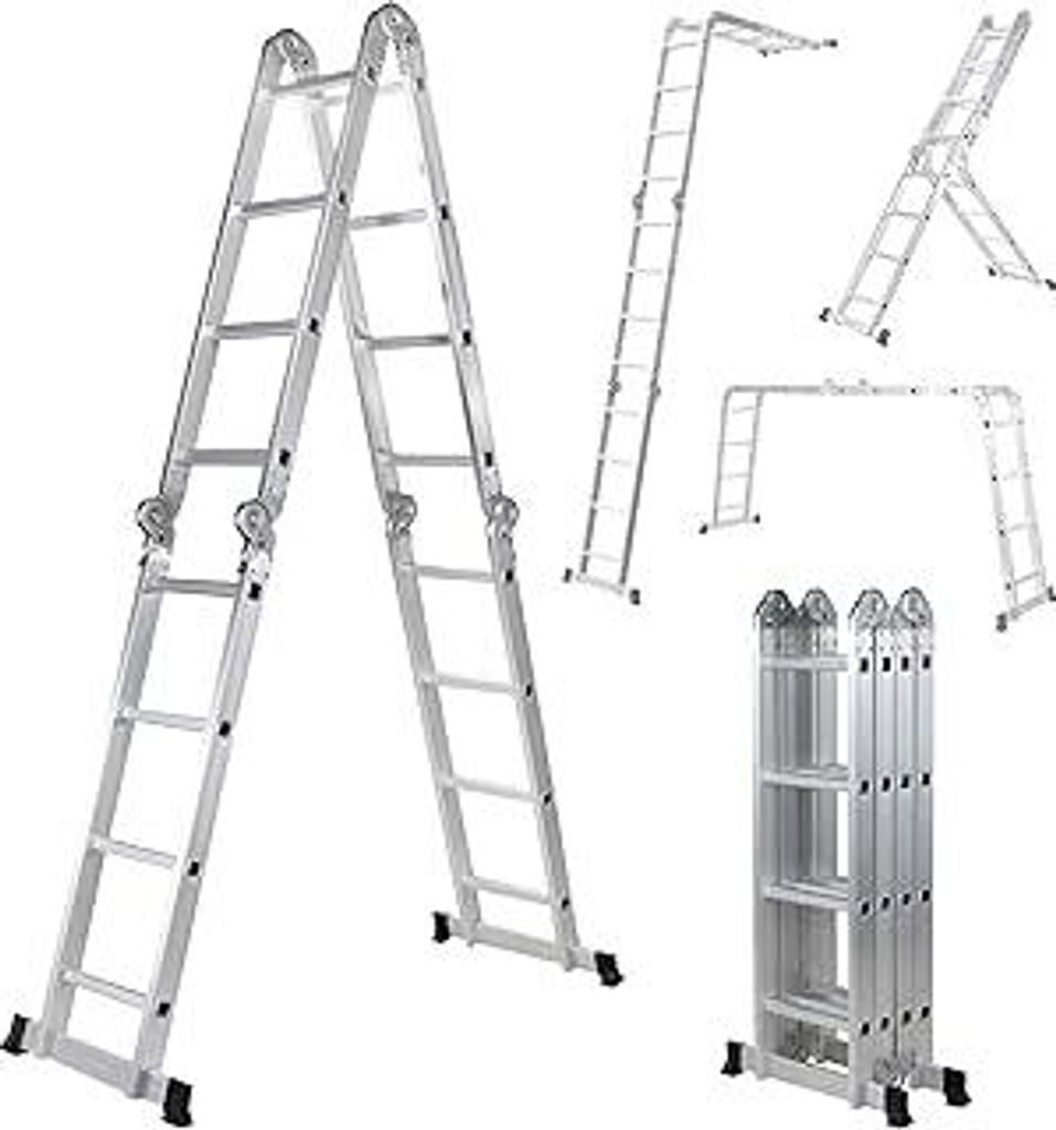 Aluminium Mehrzweckleiter CF-104A 6in1 Multifunktionsleiter - 16 Sprossen - 450 cm Leiter - Gelenkleiter - Leitergerüst (Silber 4x4 Sprossen)