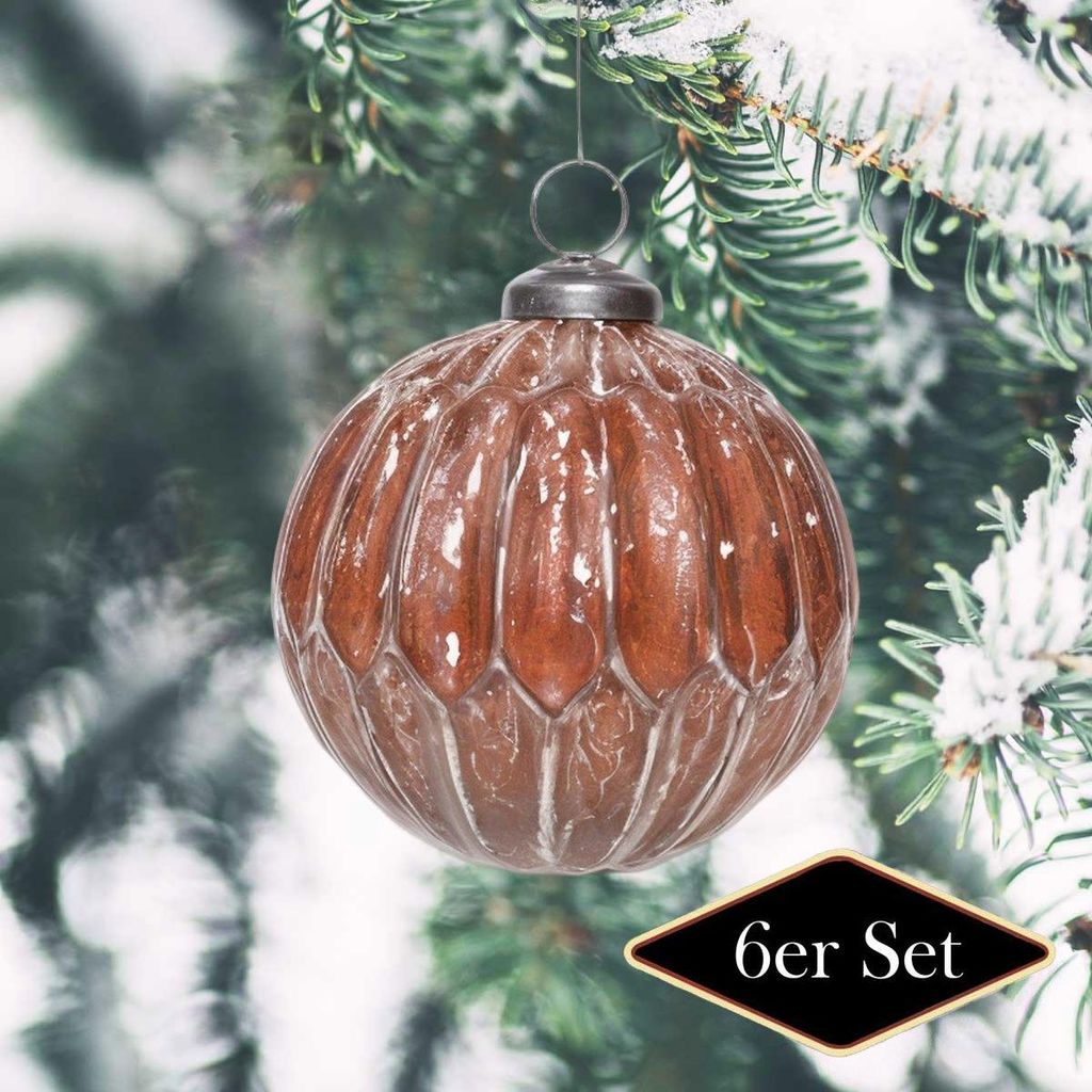 Premium Weihnachtskugel, braun geriffelt aus Glas - handgemacht in Indien, 8 cm