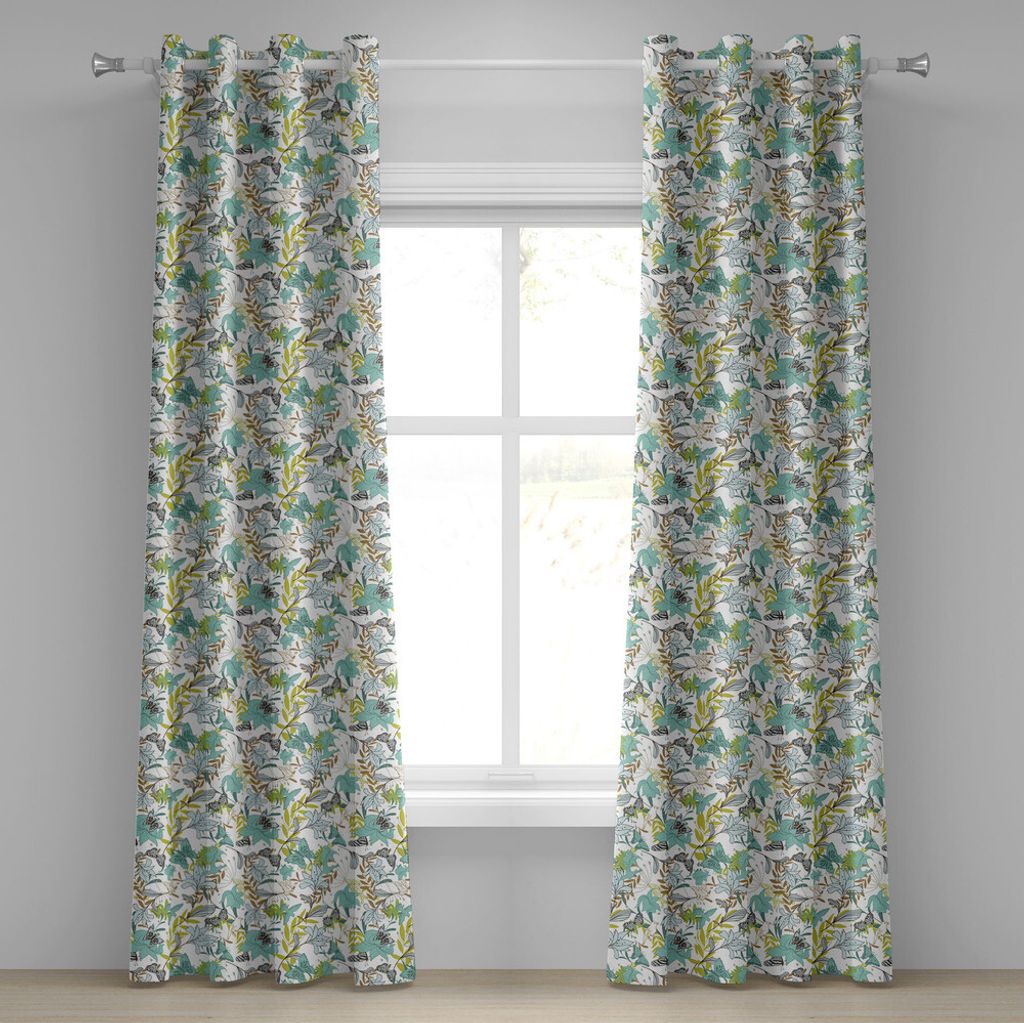 ABAKUHAUS Blumen Ösenvorhang, Fliegen-Vogel-Schmetterlings-Blumenelement-Kunst-Wildblumen-Natur, Dekorative 2-Panel-Fenstervorhänge, 280 cm x 245...