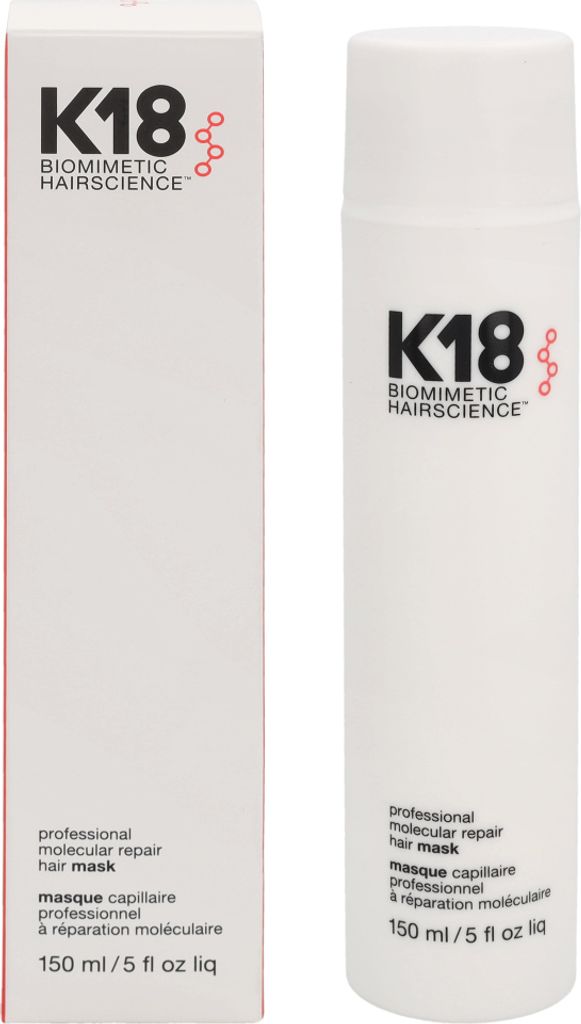A product shot of a K18 Professional Molecular Repair Hair Mask and its packaging.