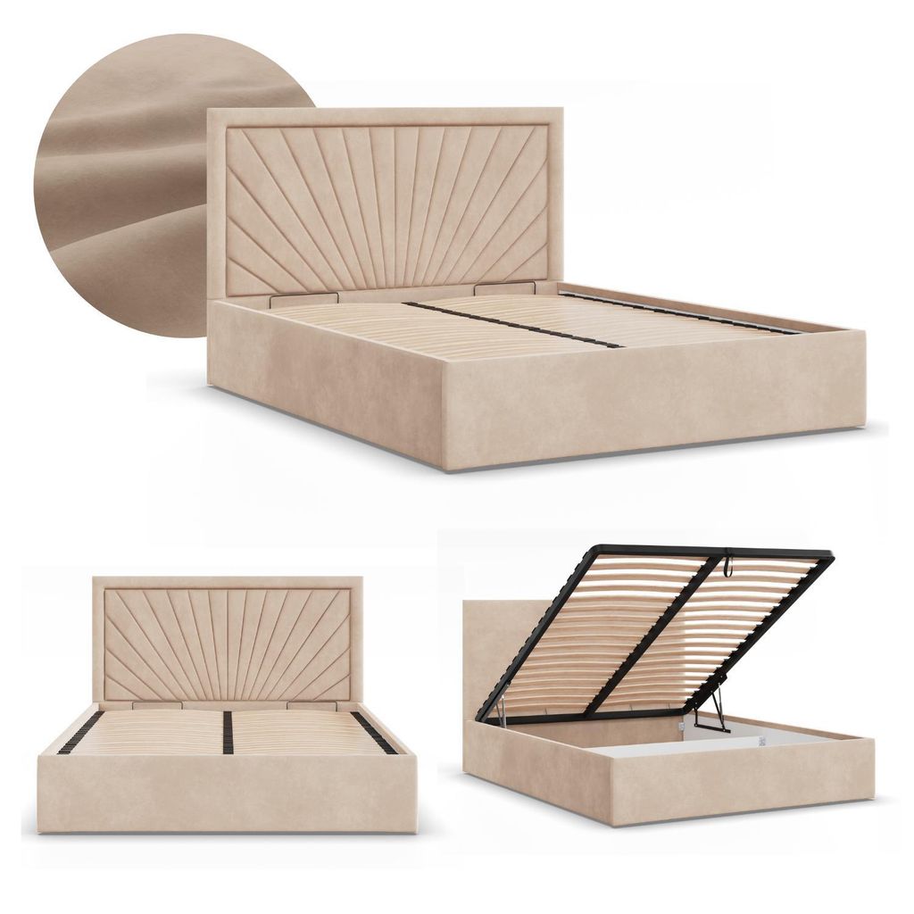 Polsterbett 180x200 cm – Stauraumbett mit Bettkasten, hochklappbar, stabiles Doppelbett mit dekorativem Kopfteil, Samt Beige VASTO 180 x 200