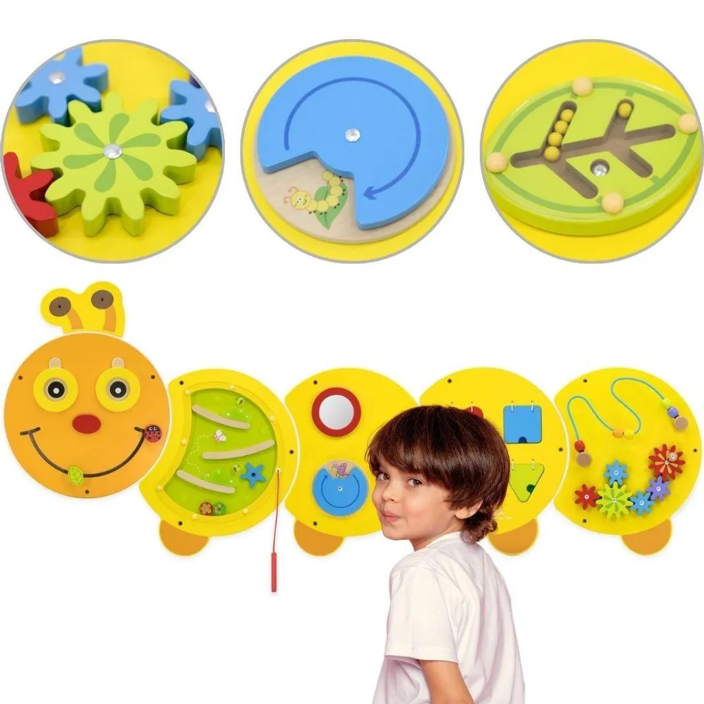 Jeu Mural Éducatif Chenille en Bois Viga - Panneau d'Éveil Multi-Activités