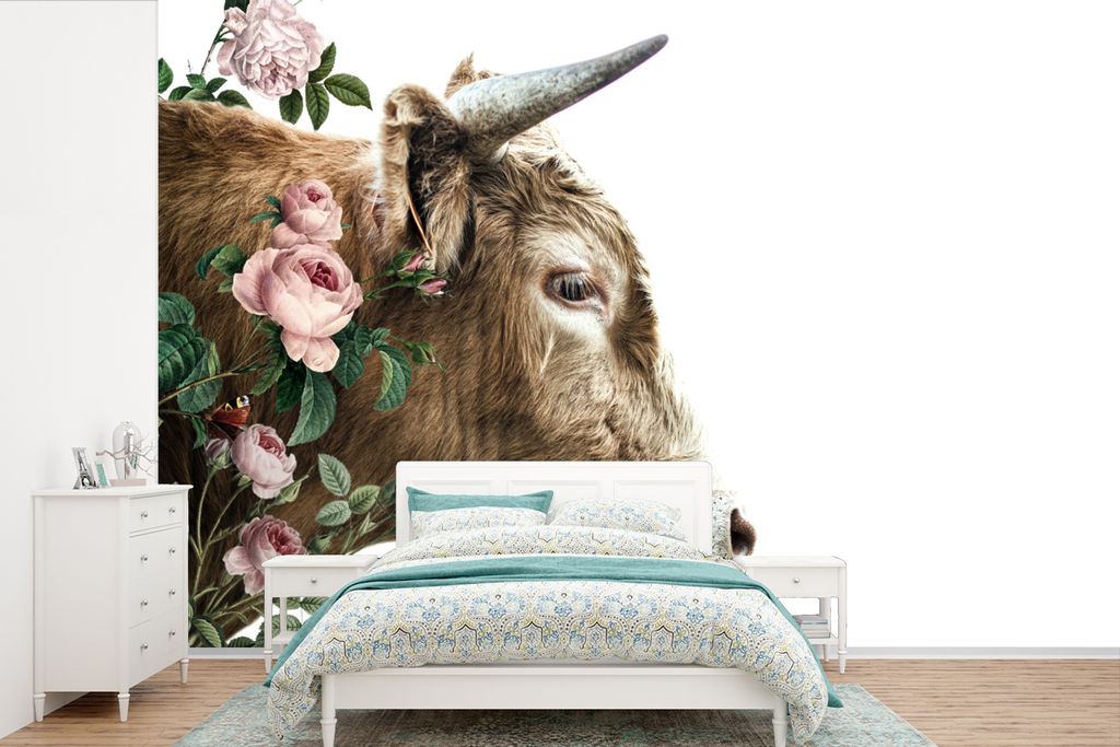 MuchoWow Fototapete für Wohnzimmer oder Schlafzimmer Wandtapete Vinyl Motivtapete Schottischer Highlander - Rosen - Rosa - Weiß - 450x300 cm - ...