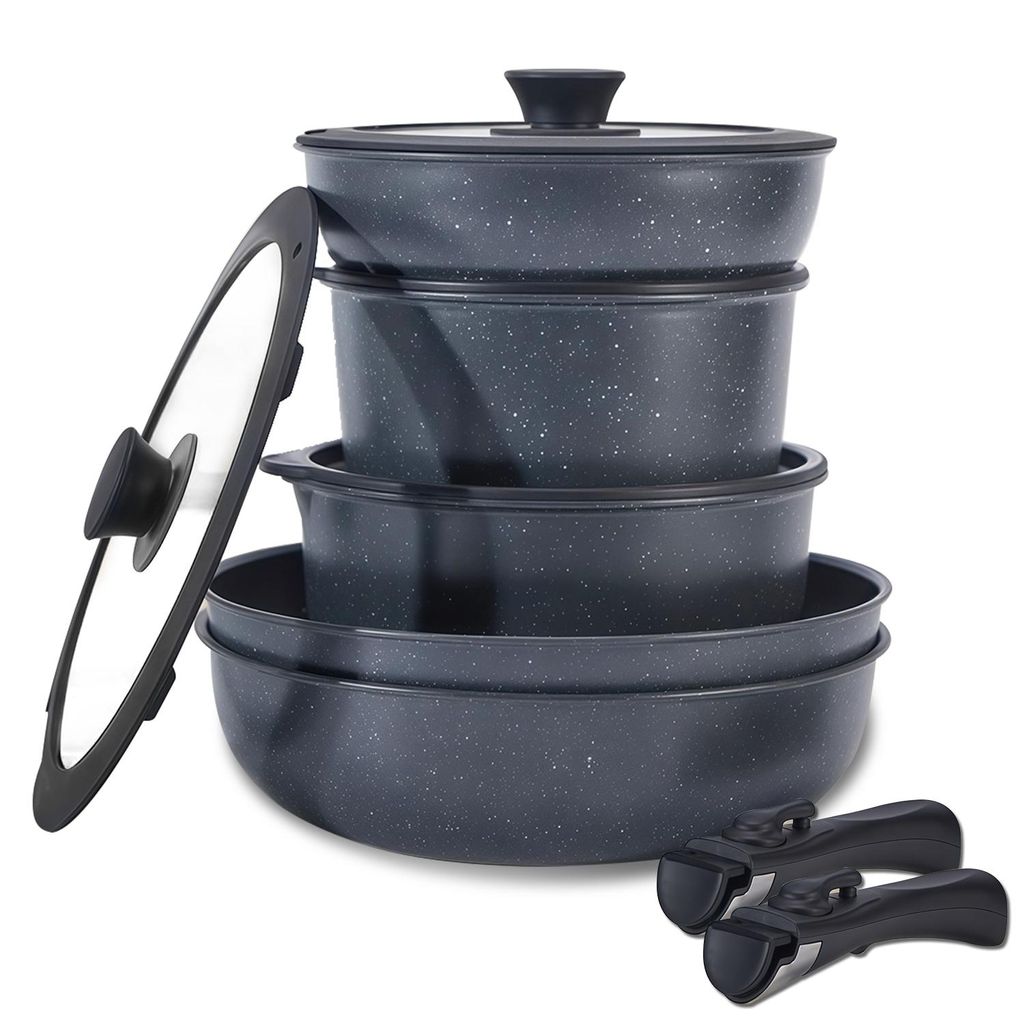 Topfset mit Abnehmbarer Griff, 15-Tlg Topfset Pfannenset Kochtopfset, Aluminium Antihaft-beschichtete Töpfe & pfannen,Cookware-Schwarz