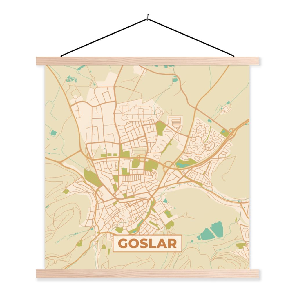 MuchoWow Textilposter Goslar - Karte - Vintage - Stadtplan 120x120 cm mit holzfarbenen Rahmen - Textil-Poster