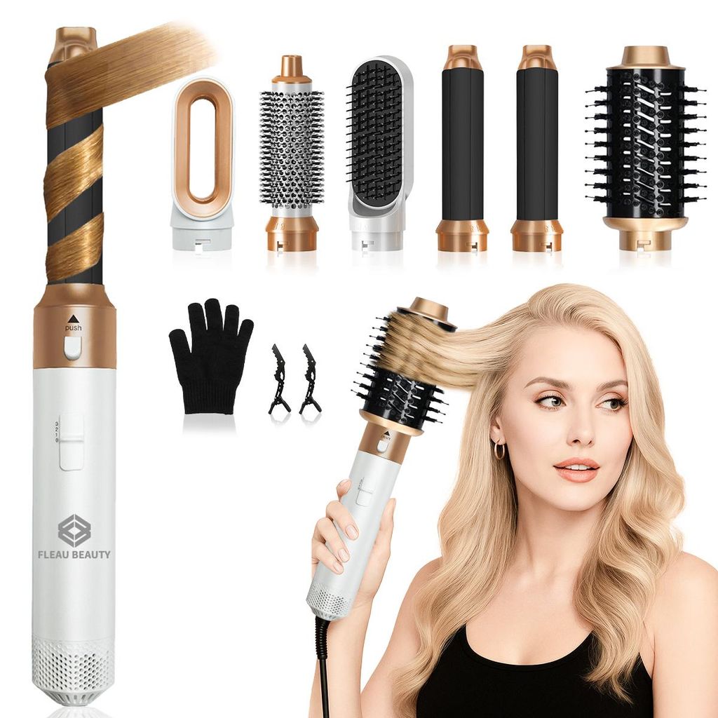 Fleau Beauty Lockenstab – PRO Edition – Multistyler – Haartrockner– Lockenwickler – Stylingbürste – Fohnbürste – 6 in 1 Set – Weiß
