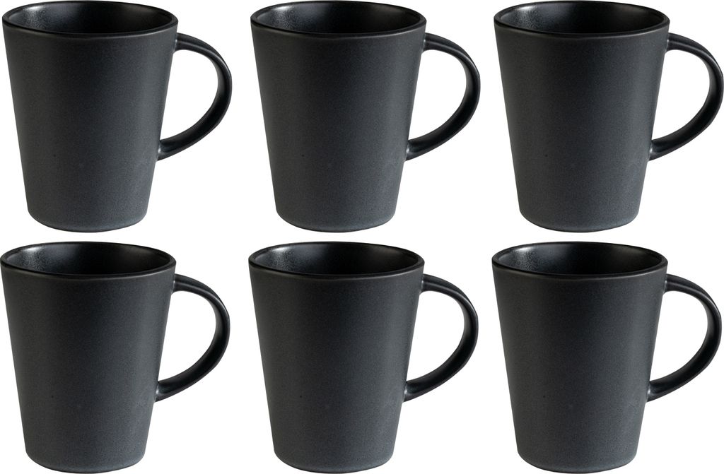 Kaffeetassen - 440 ml - Schwarz matt - Steingut - 6er Set