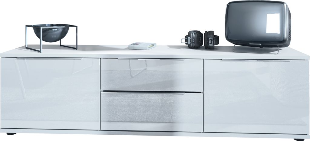Vladon TV Lowboard Linio V1, Fernsehtisch mit 2 Türen und 2 Schubladen – Weiß / Weiß Hochglanz (138,5 x 37,5 x 35 cm)
