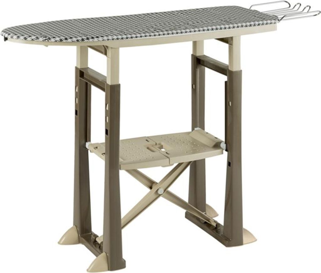 A product shot of an ironing board with a built-in stool.