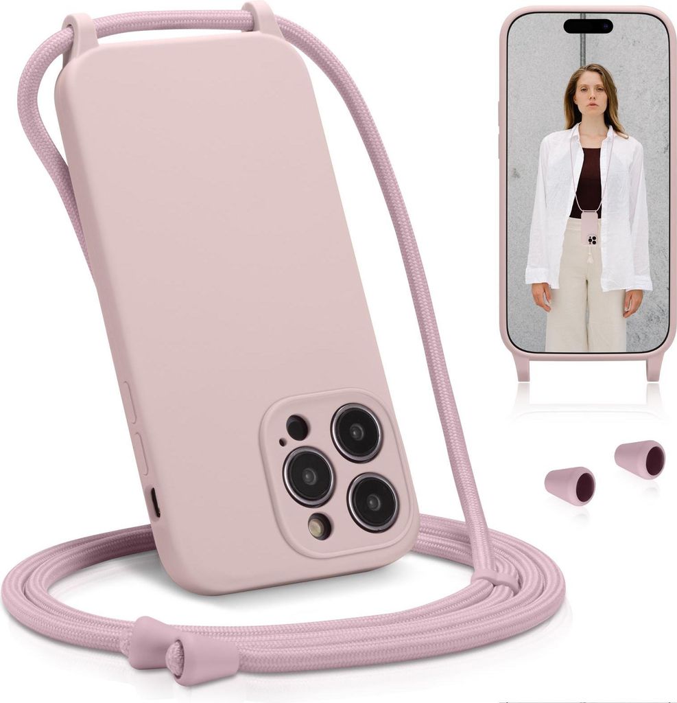 Silikonhülle mit Handykette für iPhone 12 Pro Max, matte Farbe Creme, inklusive 2x Panzerglas Displayschutz, Stoßfest, Kratzfest, Handyhülle mi...