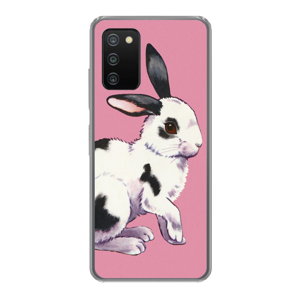 MuchoWow Handyhülle Schutzhülle Hülle für Samsung Galaxy A03s Kaninchen mit rosa Hintergrund Silikon Softcase Handy Hülle - Schutz