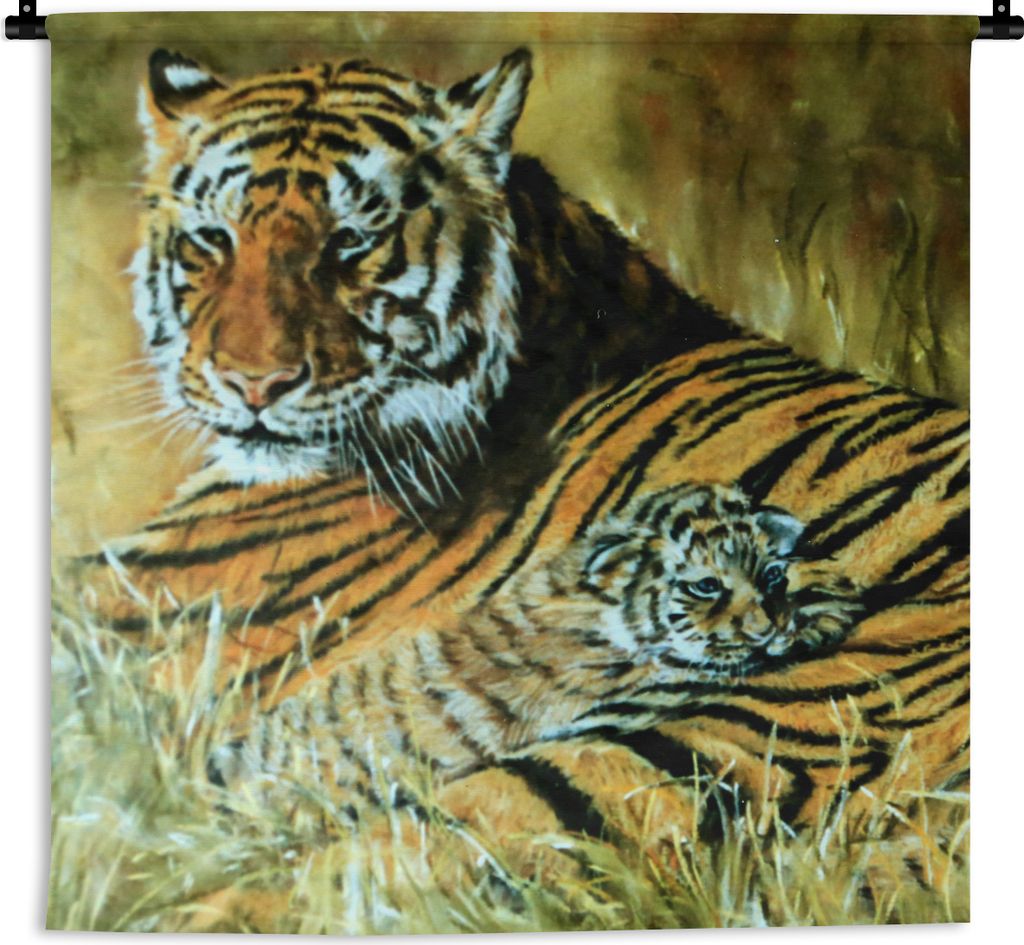 MuchoWow Wandteppich Wandbehang Ölgemälde Tiger und ihr Junges 60x60 cm Tapisserie Dekoration Wandtuch - Dekorationen - Wand Decke