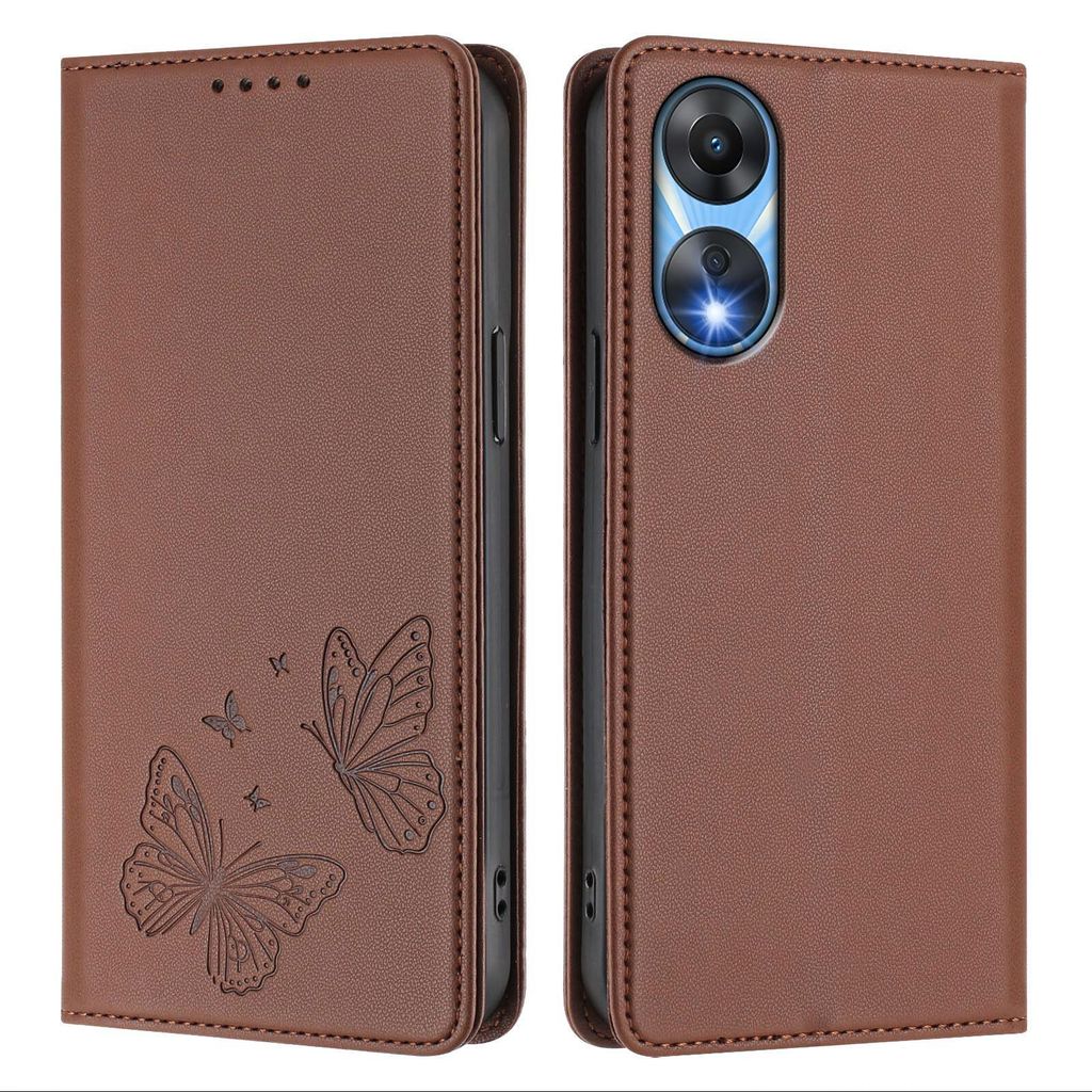 Lederhülle für Oppo A78 5G, Schmetterling Prägung Leder Brieftasche Schutzhülle mit Ständer Braun