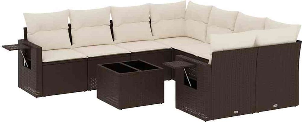 9-tlg. Garten-Sofagarnitur mit Kissen Braun Poly Rattan