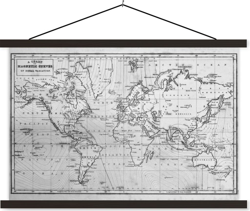 MuchoWow Textilposter Weltkarte mit grauer Tönung - schwarz und weiß 150x100 cm mit schwarzem Rahmen - Schlafzimmer