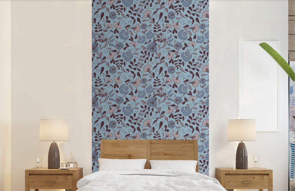 MuchoWow Fototapete für Wohnzimmer oder Schlafzimmer Wandtapete Vinyl Motivtapete Muster - Blume - Grau - Blau - 120x240 cm - Hintergrundbild