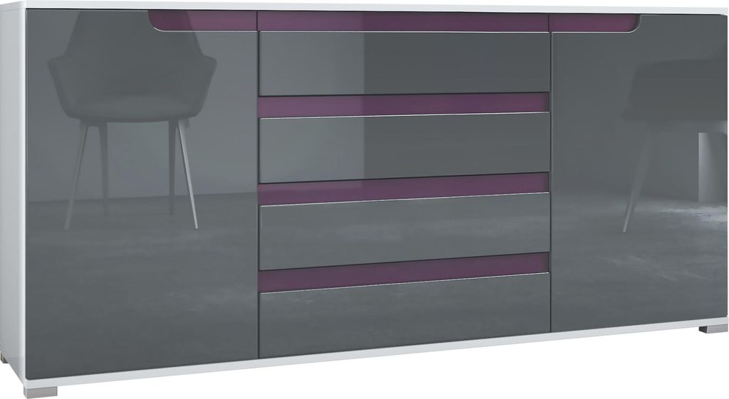 Vladon Sideboard Sylt V2, Kommode mit 2 Türen und 4 Schubladen, Korpus - Weiß matt / Front - Grau Hochglanz / Absetzung - Brombeer Hochglanz (166...