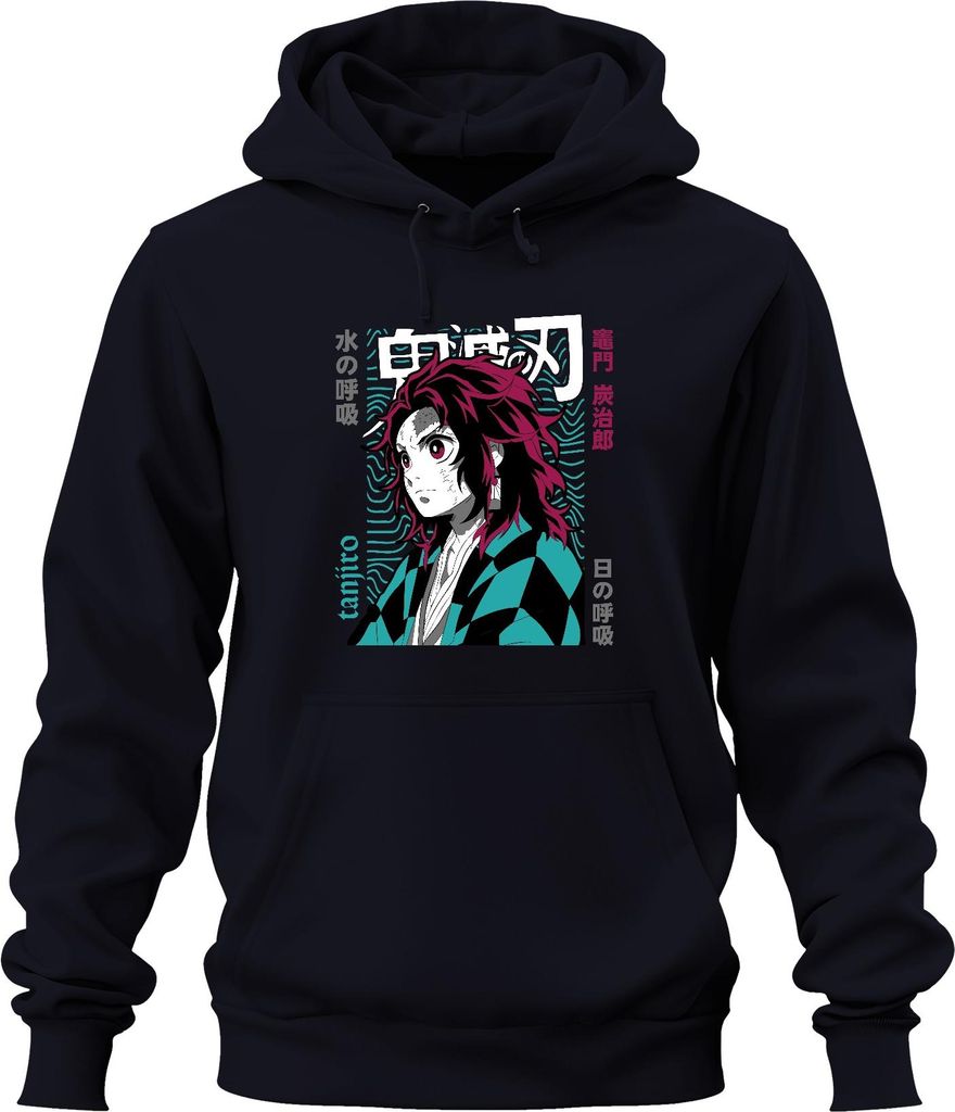 Tanjiro Demon Slayer Schwert Dämonenjäger Wasseratmung Japan Y2K Streetwear Uni Hoodie Kapuzenpullover, Navy, S