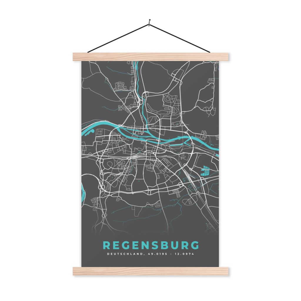 MuchoWow Textilposter Karte - Stadtplan - Regensburg - Deutschland - Blau 120x180 cm mit holzfarbenen Rahmen - Textil-Plakat