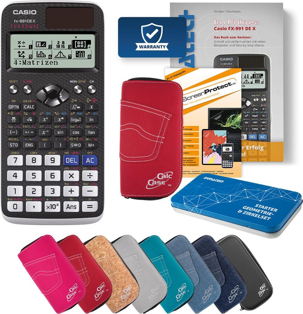 Casio FX-991 DE X Taschenrechner mit Tasche rot, Folie, Fachbuch und Zirkel Set