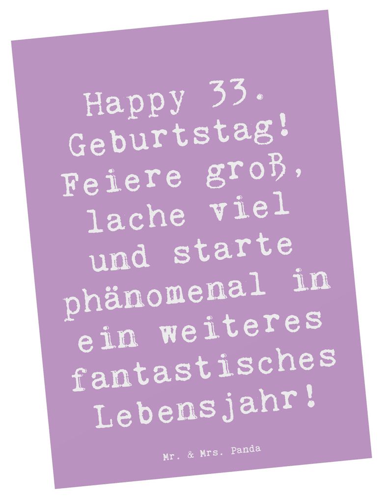 Mr. & Mrs. Panda Postkarte Spruch 33. Geburtstag - Lavendeltraum - Geschenk, Grußkarte, Happy Birthday, einzigartiges, Alter, unvergessliche Erinn...