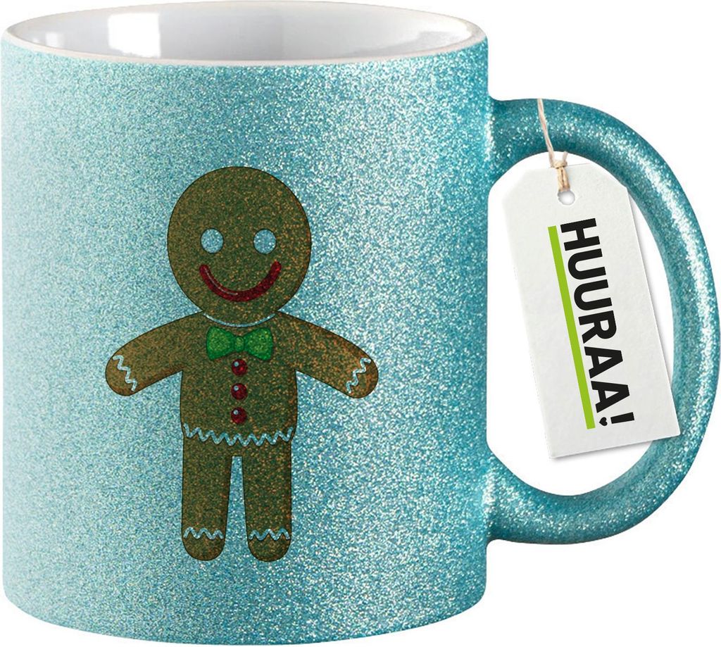 Huuraa Glitzertasse Lebkuchenmann Lebkuchenfigur 330ml Blau Keramik Kaffeebecher Geschenkidee