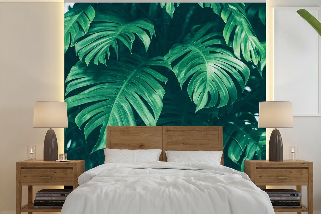 MuchoWow Fototapete für Wohnzimmer oder Schlafzimmer Wandtapete Vinyl Motivtapete Monstera - Blätter - Pflanzen - Dschungel - Natur - 280x280 c...