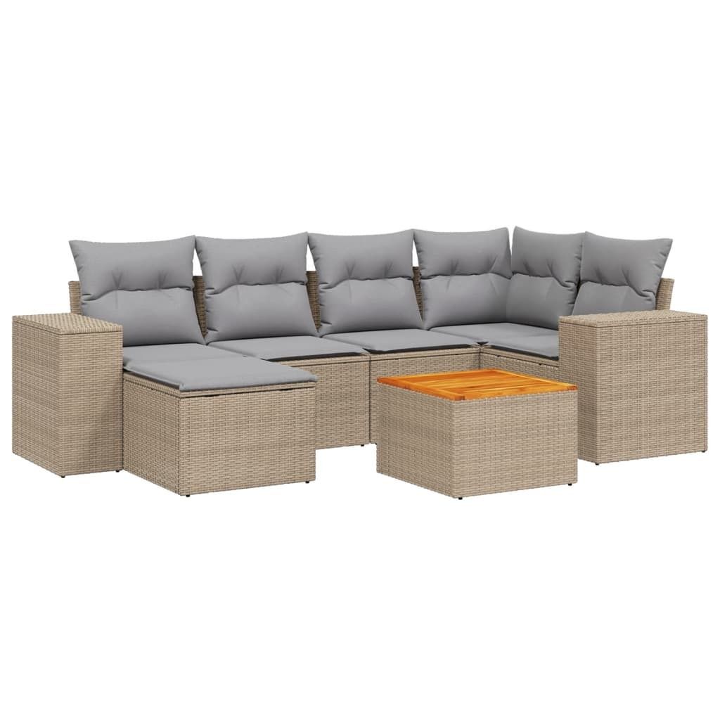 Modulares Gartenmöbel-Set, 7-tlg. Loungesofa mit Stauraum, Poly Rattan Beige, Kissen Hellgrau, Akazienholz Tischplatte, UV-beständig