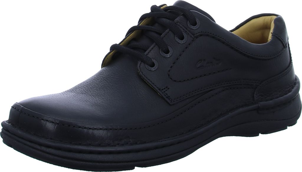 A black leather shoe on a white background.