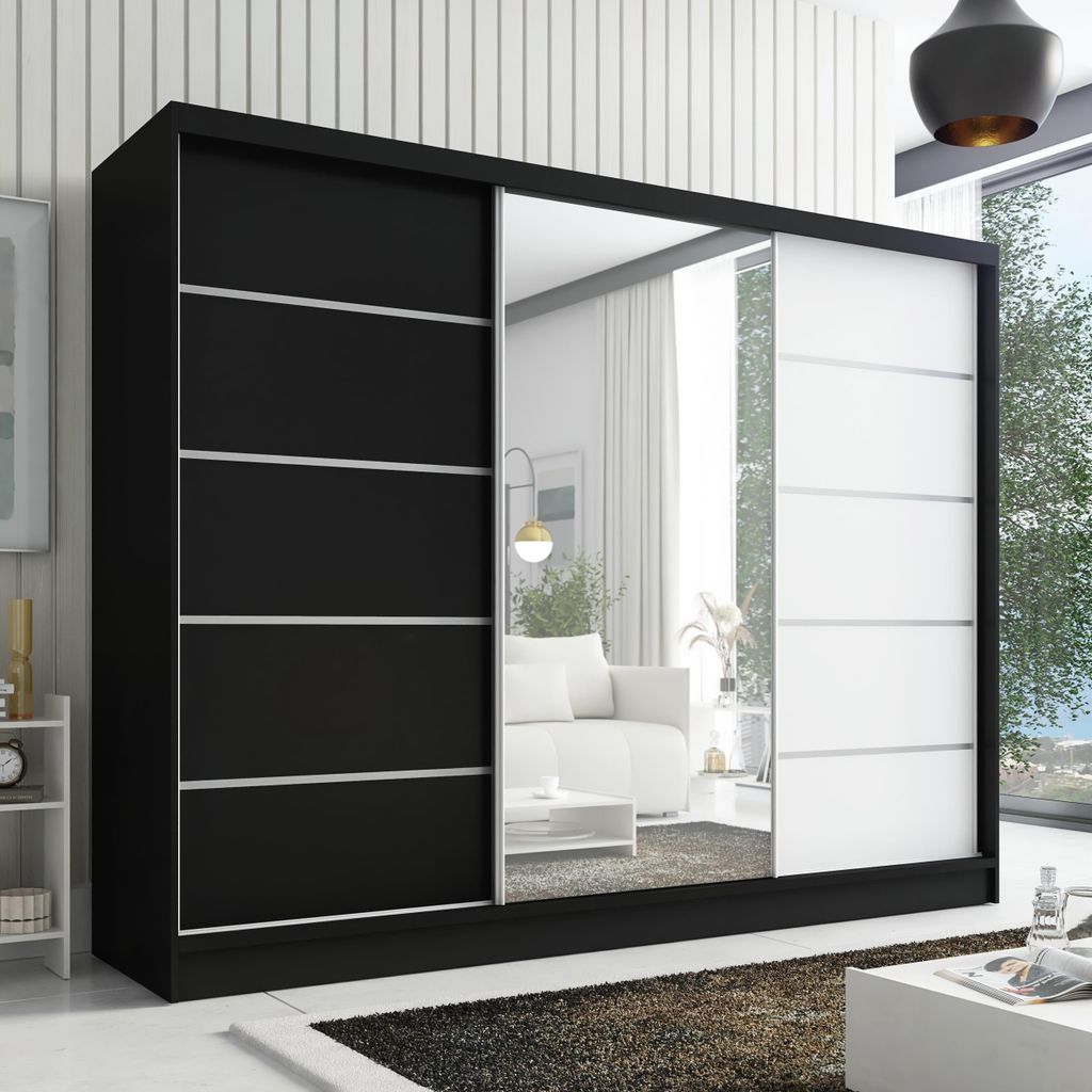 Schwebetürenschrank AURELIA 1, 3-türig Schrank 200 cm Kleiderschrank mit Schubladen, und Spiegel. Farbe: Schwarz / weiß / schwarz