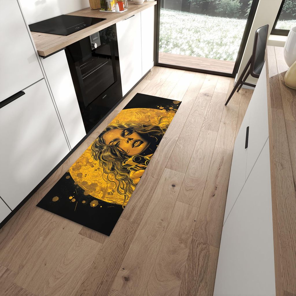 Küchenteppich 60x180cm rutschfest & abwischbar PVC Läufer - Frau Mit Pistole Kunst