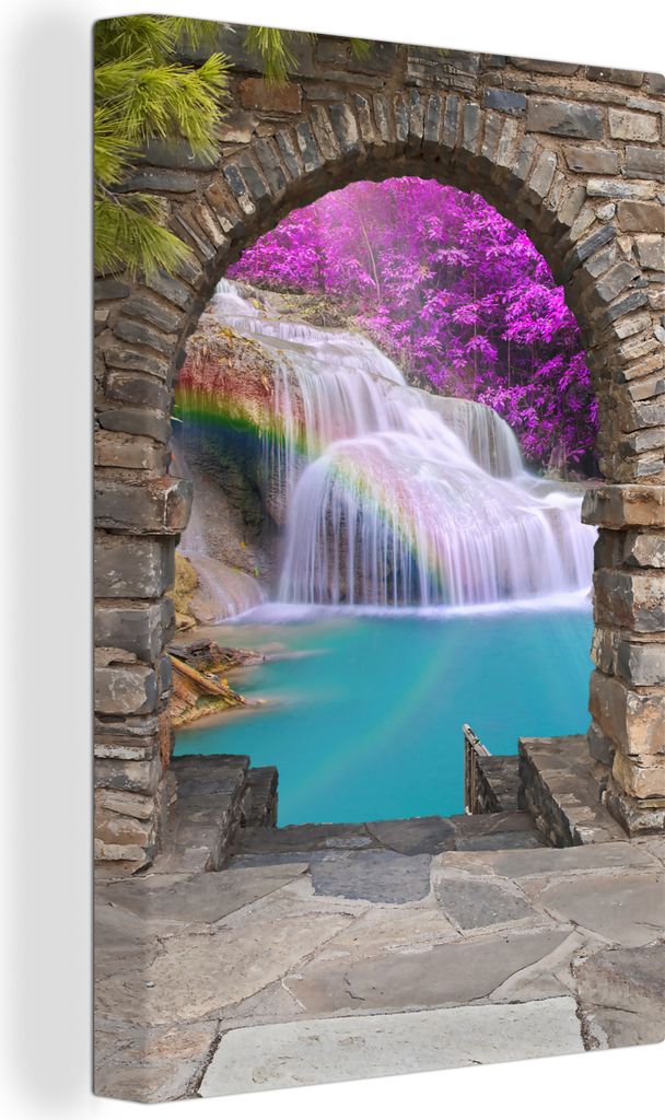 OneMillionCanvasses - Leinwandbilder - 90x140 cm, Blumen - Regenbogen - Wasserfall - Ausblick, - Geöffnetes Fenster - Fensterblick Schlafzimmer ...