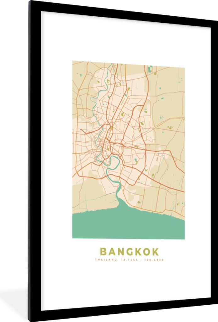 MuchoWow Gerahmtes Poster Bangkok - Karte - Vintage - Stadtplan 60x90 cm - Poster mit Schwarzem Bilderrahmen Wandposter Rahmen Foto Bilder - Deko...